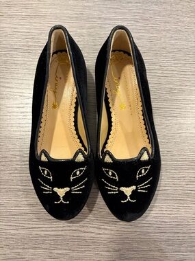 Charlotte Olympia Black Velvet Cat Face Kids Ballet Flats